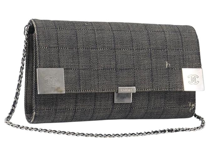 CHANEL Choco Bar Chain Shoulder Bag Canvas Gray Silver CC Auth 213438 - Jerrillo