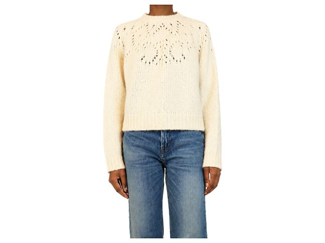 Céline Triomphe pointelle Alpaka-Pullover mit Rundhalsausschnitt, cremeweiß - Größe XS