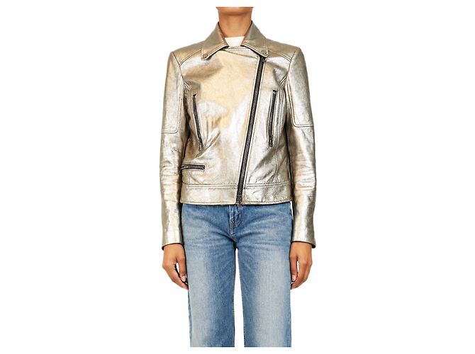 Veronica Beard Silver metallic leather biker jacket - size UK 10