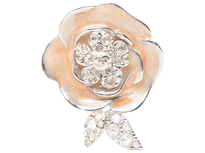 Chanel Silver CC Brosche aus emailliertem Messing Strass Camélia