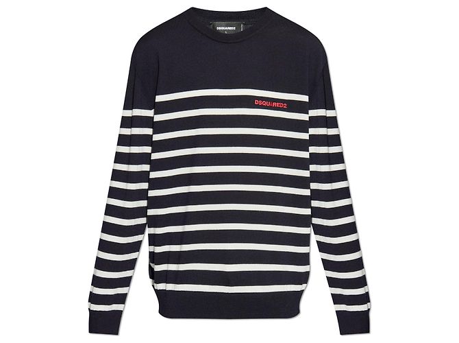 Dsquared2 Navy Blau Gestreifter Wollpullover mit Logo