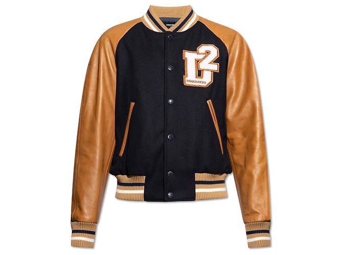 Dsquared2 Navy Blue Wool and Leather Bomber Jacket