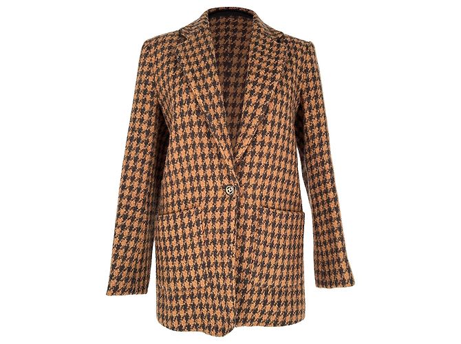 Sandro Houndstooth Check Tailored Blazer in Brown Wool
