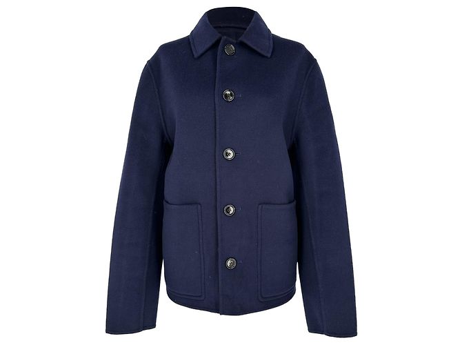 Ami Button-Down Jacket with Pockets in Navy Blue Wool