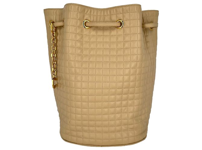 Céline  Celine Small C Charm Quilted Backpack in Beige Leather