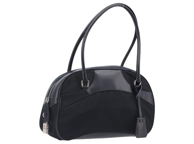 PRADA Handtasche Nylon Leder Schwarz Silber