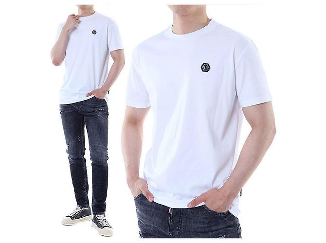 Philipp Plein Steel Leder-Patch Basic Round T-Shirt (White)