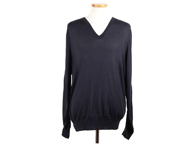Hermès Suede Leather Stitch Knit Navy