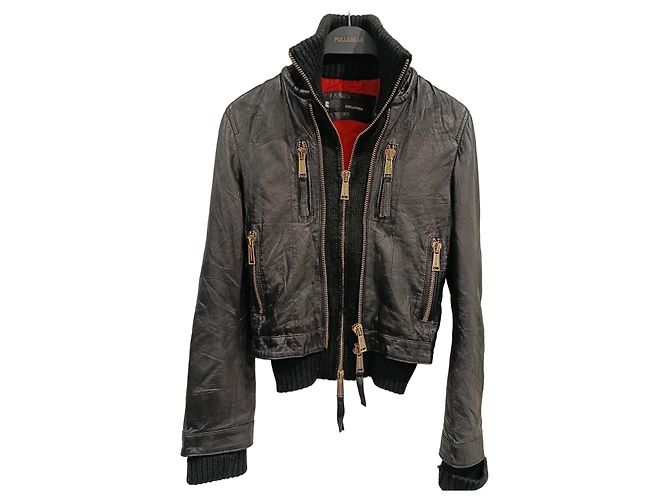 Dsquared2 Veste Bomber en Cuir Noir et Détails Dorés