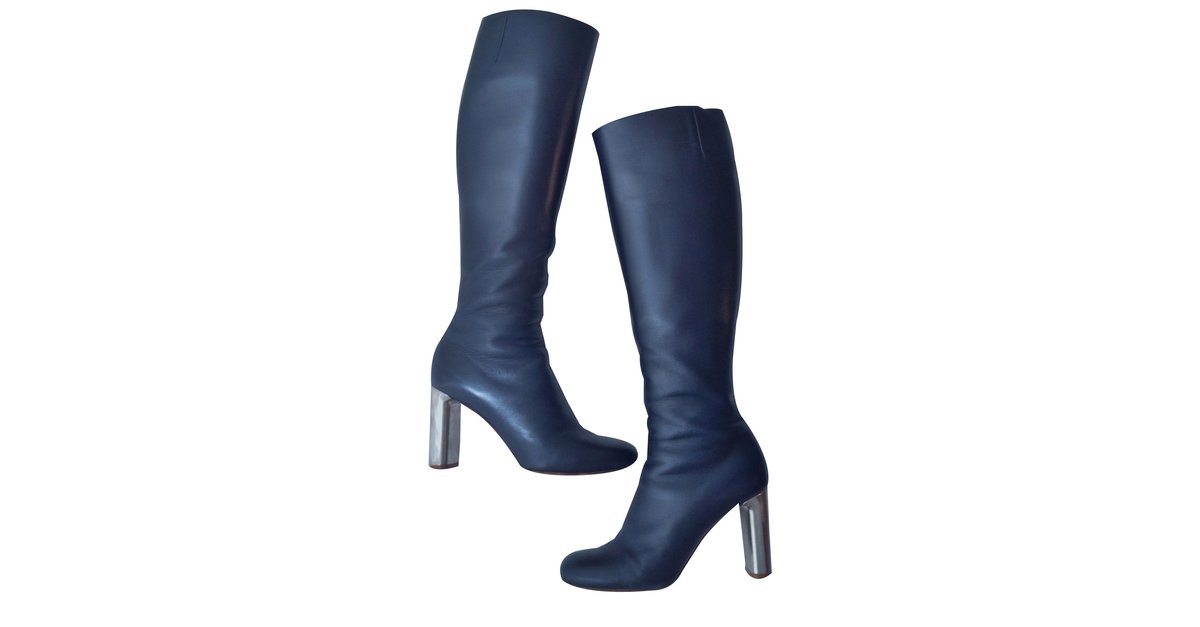 knee high blue leather boots