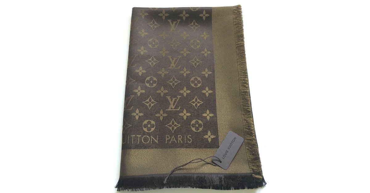 Louis Vuitton Classical Monogram Brown and Gold Shine Scarf Silk