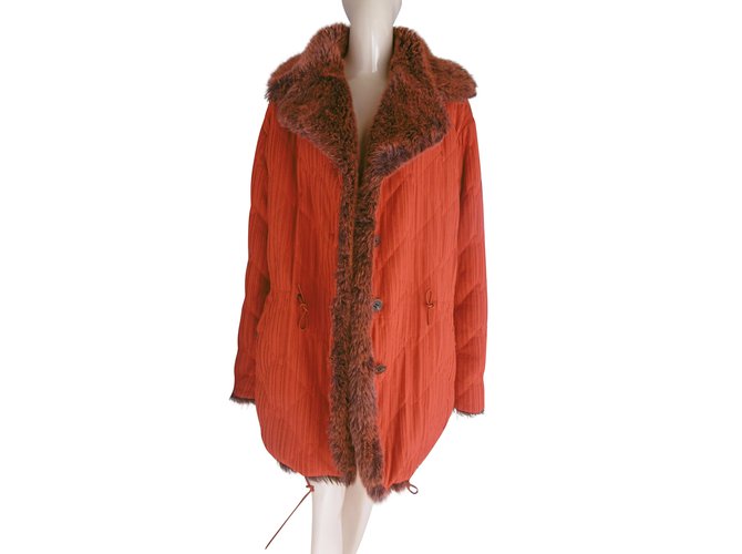 Issey Miyake Issey Miyake Faux Fur Coat Orange Polyester ref.50423