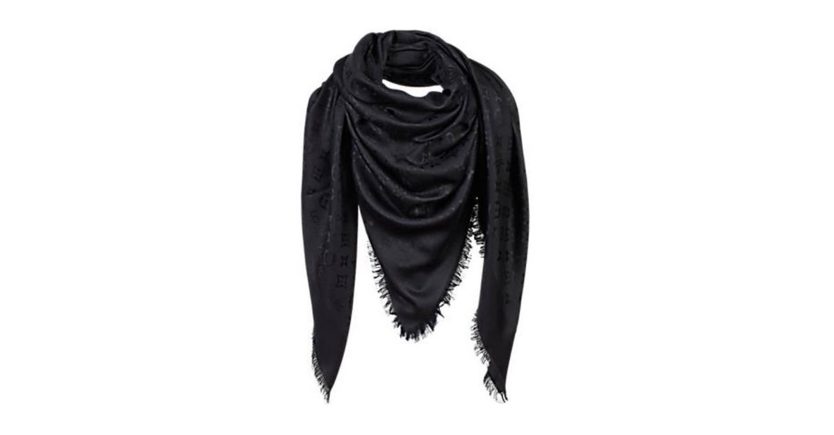 Louis Vuitton scarf black silk monogram 55×55cm Used Japan Fedex