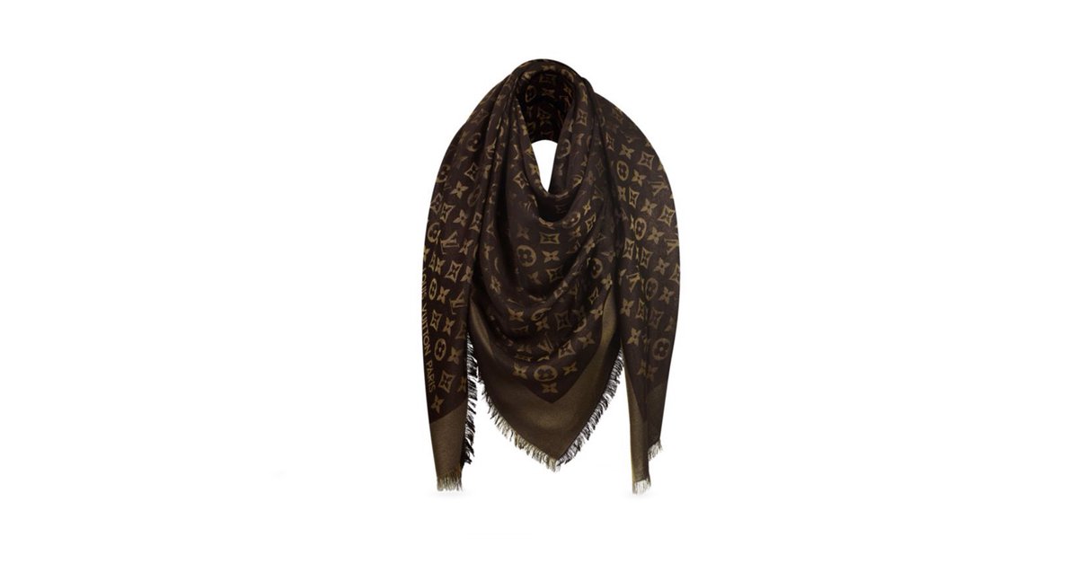 Louis Vuitton Monogram Shawl Scarf Brown Bronze Silk ref.55947 - Joli Closet