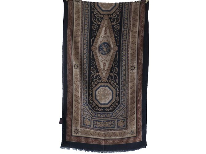 Châle Etro Vintage En Cachemire Et Soie - Couleur Sable/ocre/marron, Motif Ikat Ethnique, Très Bon état