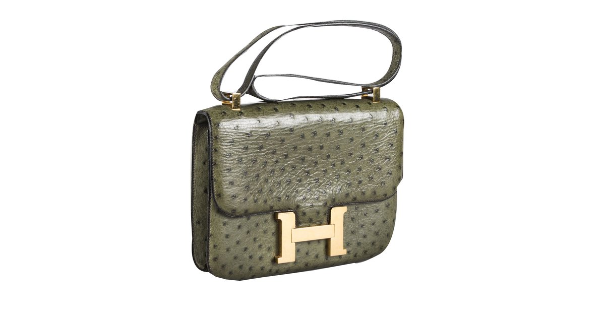 Hermes 23cm Vert Olive Ostrich Leather Gold Plated Constance Bag