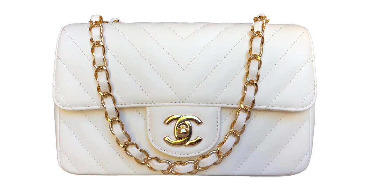 Chanel Mini Flap Ivory Lambskin with Shiny Light Gold Chain White Leather  ref.65216