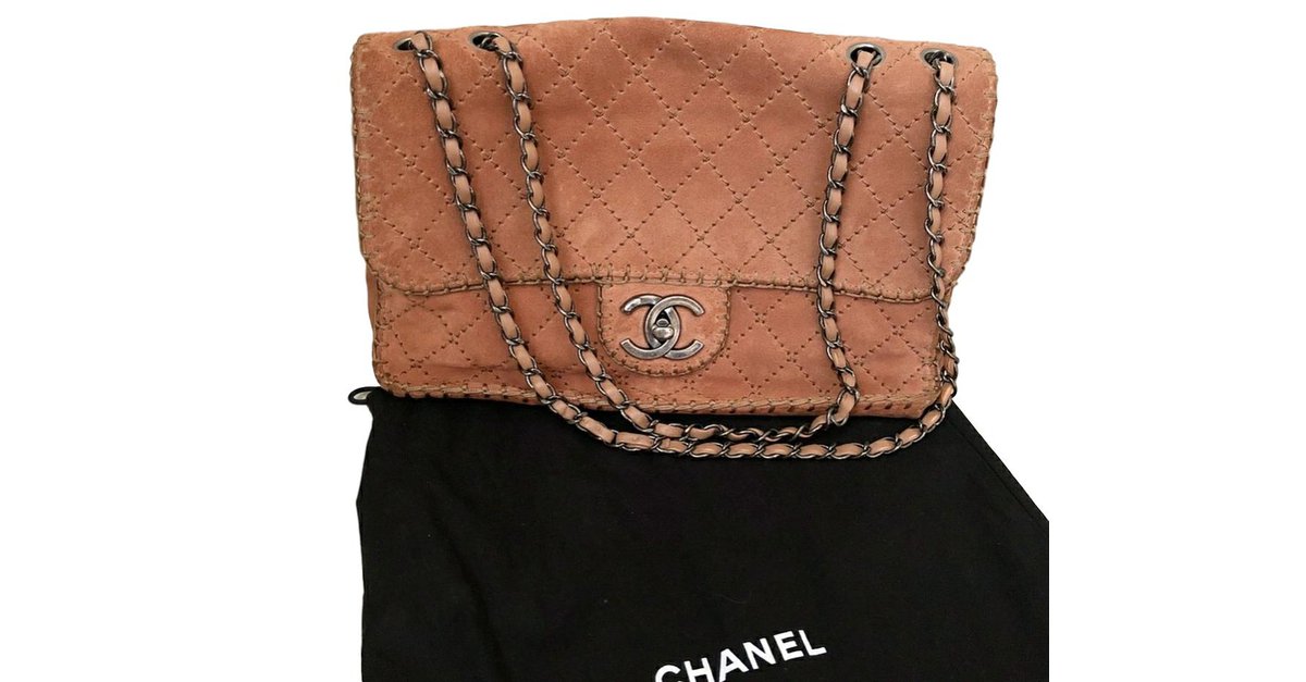 Chanel Stitched flap bag large Brown Suede ref.65309 - Joli Closet