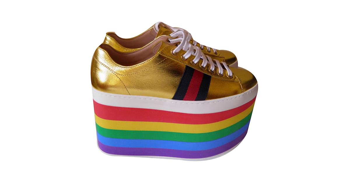 Gucci rainbow platform sneakers Golden Leather  - Joli Closet