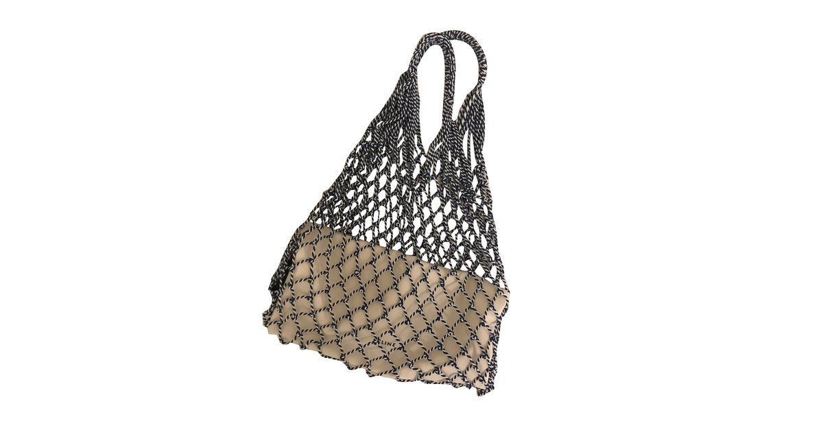 CELINE Net Grocery Shopping Bag Knit Knitted Cotton Blue White