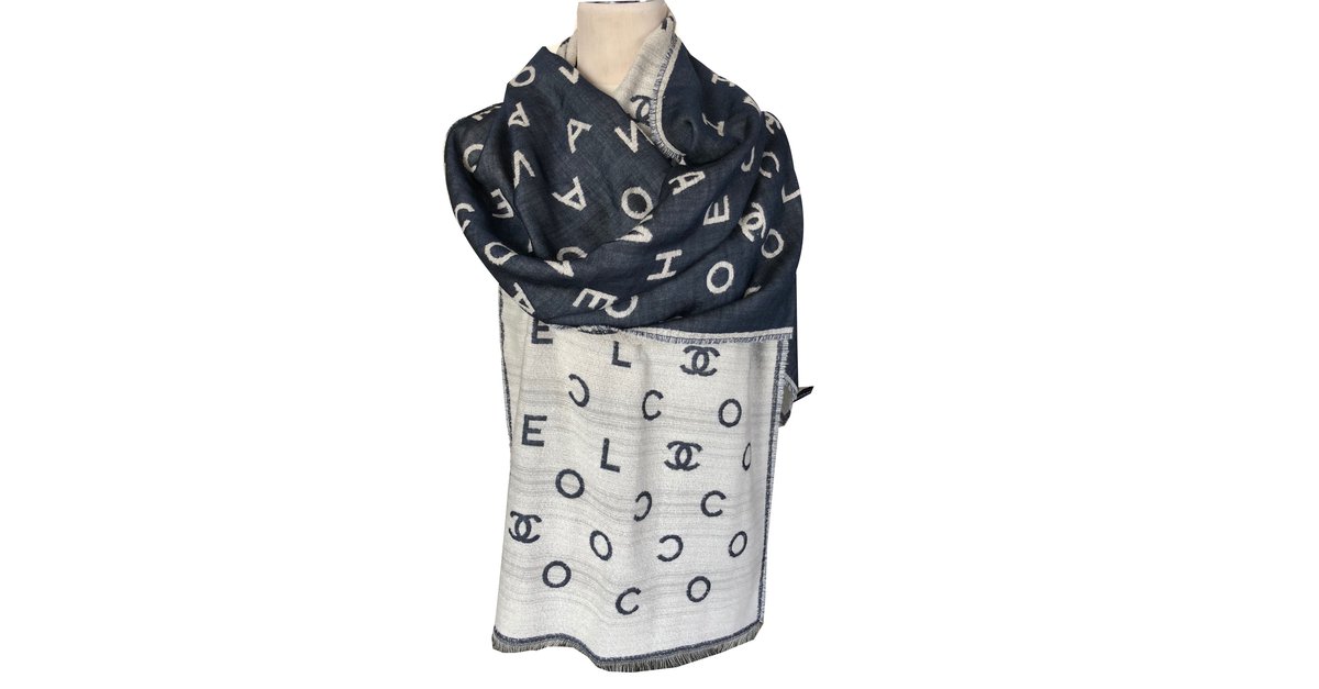NIB Authentic Chanel blue silk and cashmere scarf Wrap with CoCo Chanel logo