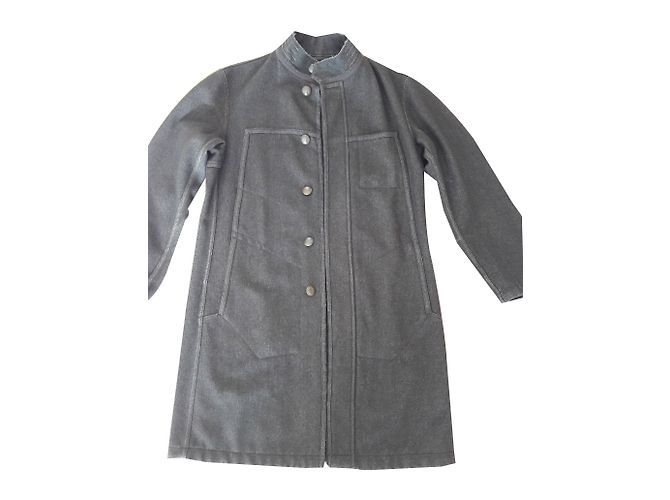 Manteau Marron Moucheté Marithé Et François Girbaud - Laine Et Cuir, Taille 40, Occasion Très Bon état