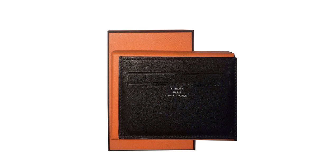 Hermes Citizen Twill Card Holder Black w ''Chevral Surprise'' Silk Lining