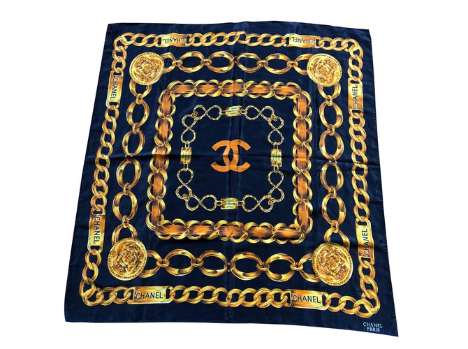 Chanel Scarves Golden Navy blue Silk ref.88891 - Joli Closet