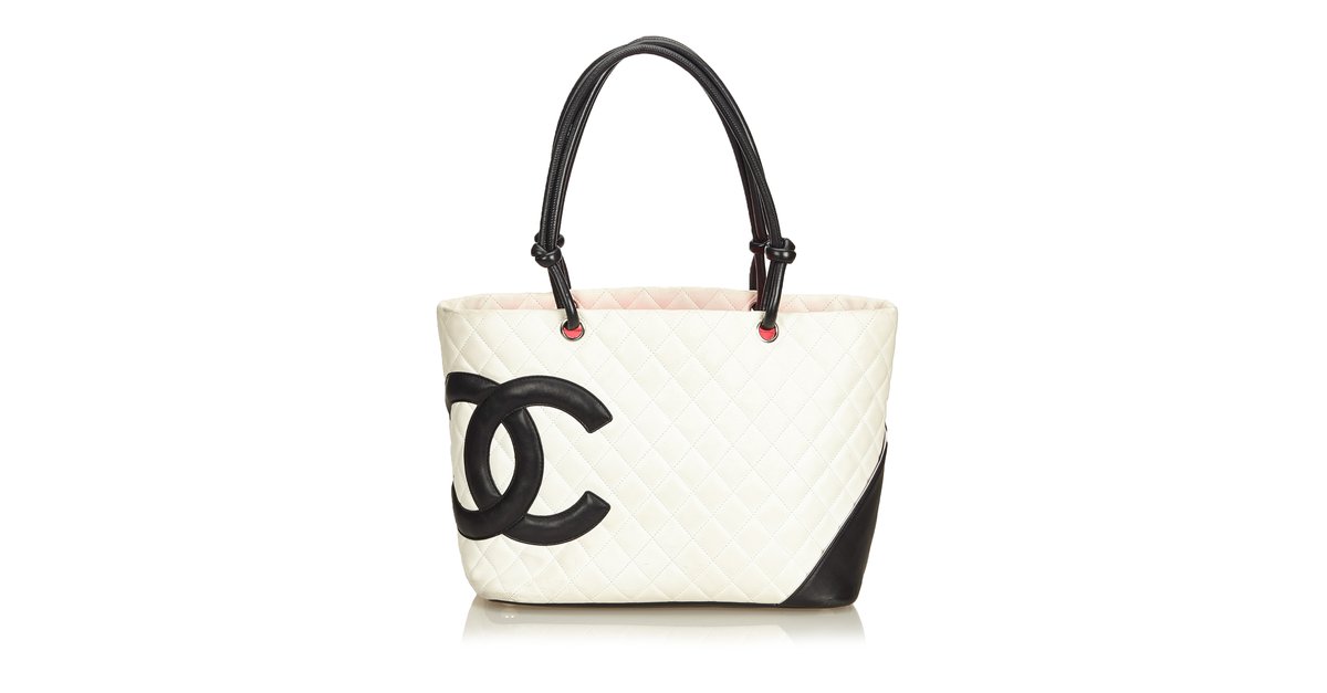 Chanel CHANEL cambon line small tote bag leather black white A25166 vintage  Cambon Line Small Tote Bag