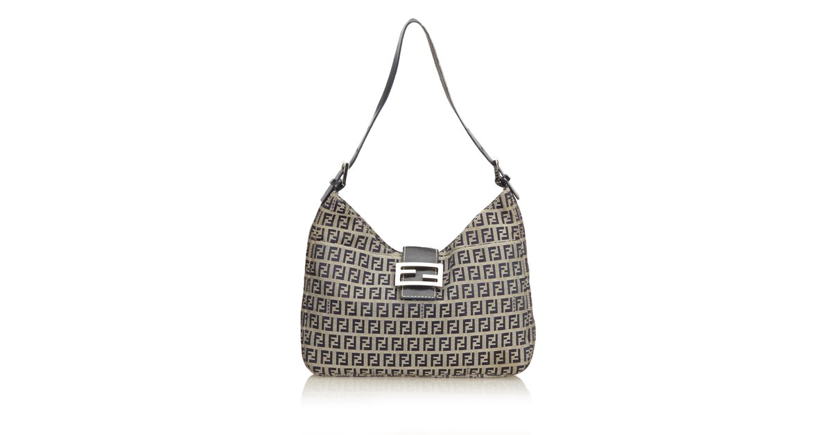 Fendi Gray Zucchino Canvas Boston Bag Blue Grey Navy blue Leather Cloth  Cloth ref.161362 - Joli Closet