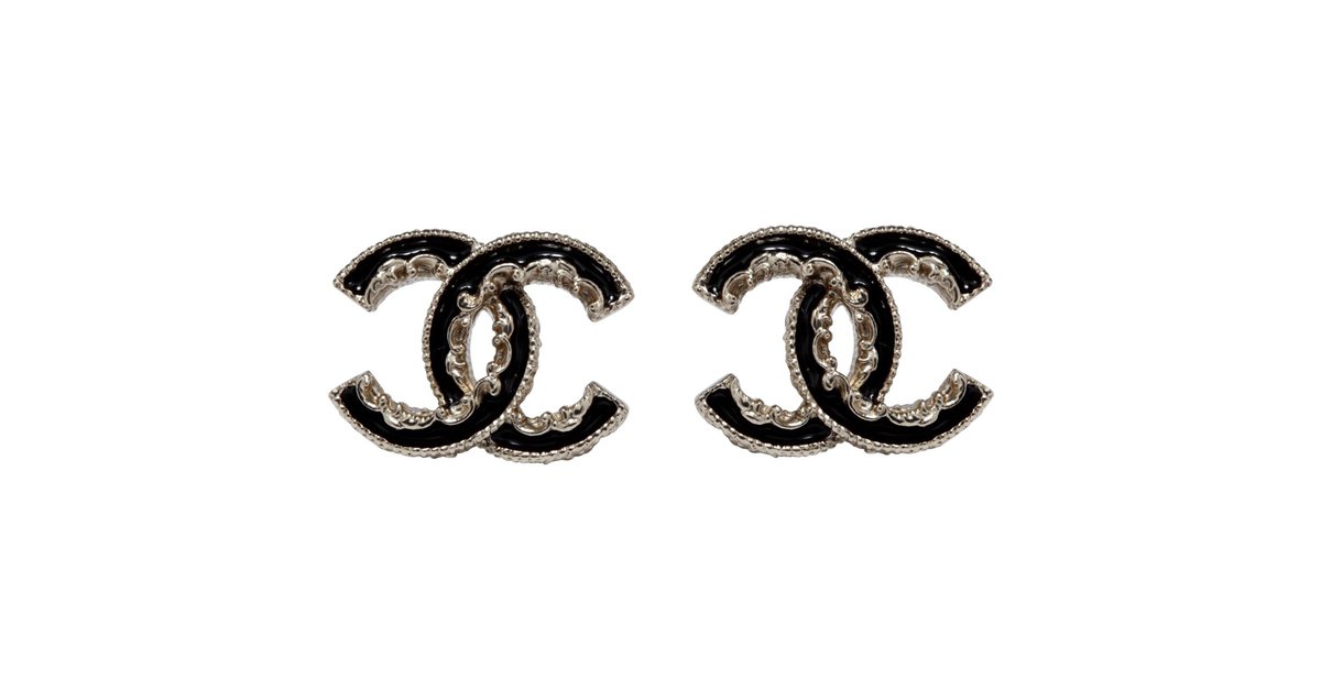 Black Enamel, Gold Metal, and Imitation Pearl CC Oval Drop Earrings, 2017