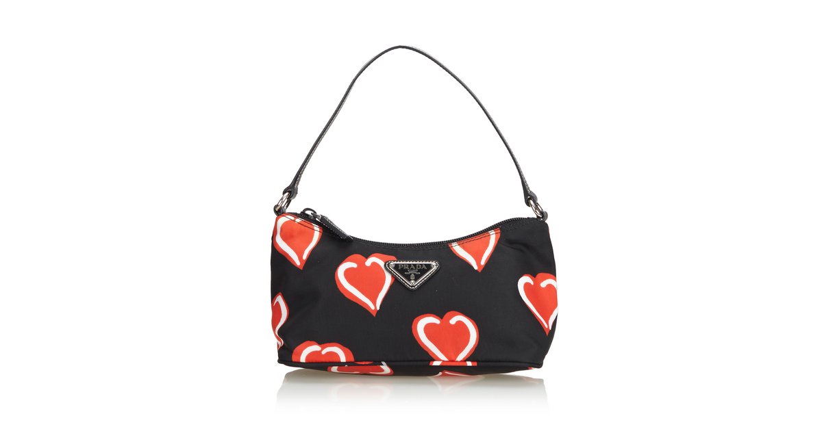 Prada Heart Printed Nylon Baguette Bag Black Red Leather Cloth  -  Joli Closet