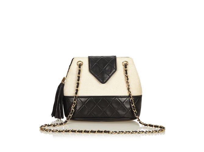 Chanel Woven Raffia Chain Shoulder Bag Black White Cream Leather