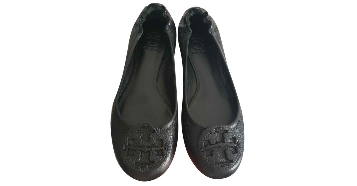 Tory Burch Reva Tumbled Leather Tonal Logo Flat Black  - Joli  Closet