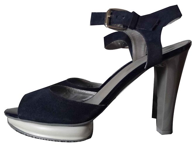 Sandales Compensées HOGAN Bleu Marine Avec Talons En Liège - Taille 37 - Cuir Et Daim - Occasion Parfait état