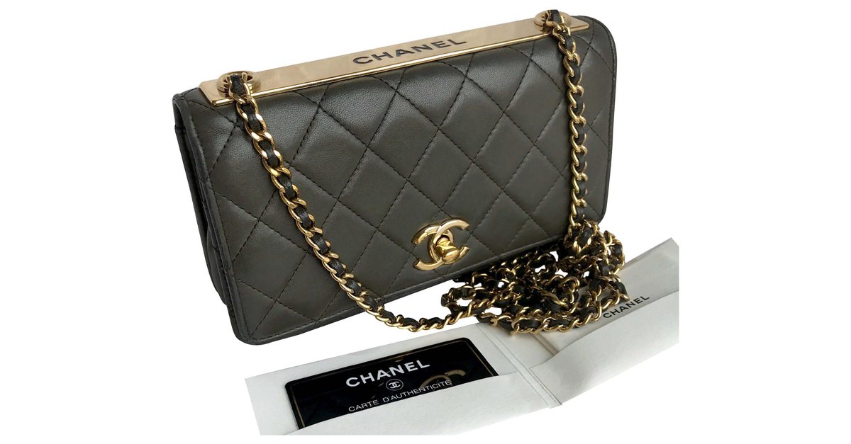 Wallet On Chain Chanel With box, card Trendy WOC Flap Bag Green Khaki Dark  grey Dark green Leather  - Joli Closet