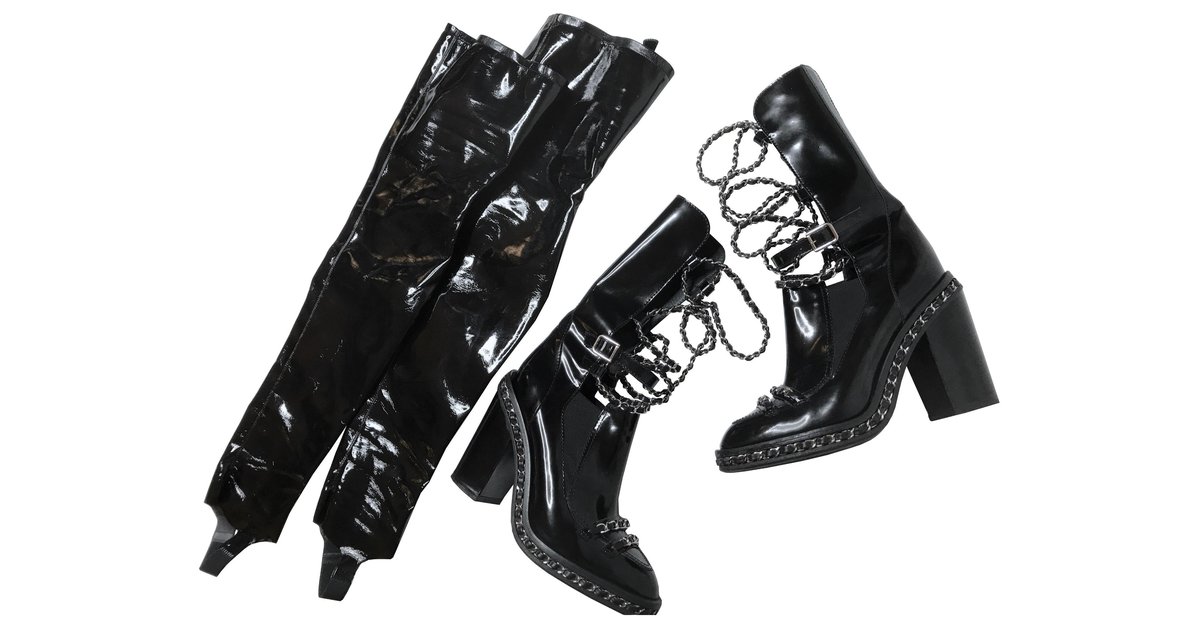 Chanel Chain Boots w/ Gaiter Leggings Black Patent leather ref.119427