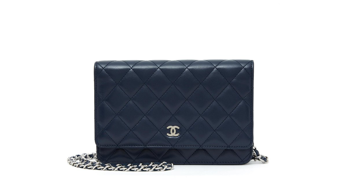 Chanel TIMELESS WALLET ON CHAIN WOC NAVY SILVER Navy blue Leather Metal  ref.121170 - Joli Closet