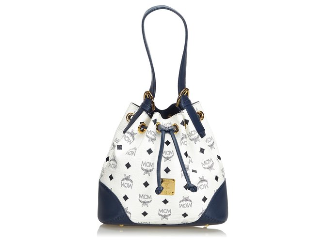 MCM Blue Visetos Leather Drawstring Bucket Bag White ref.JC121962