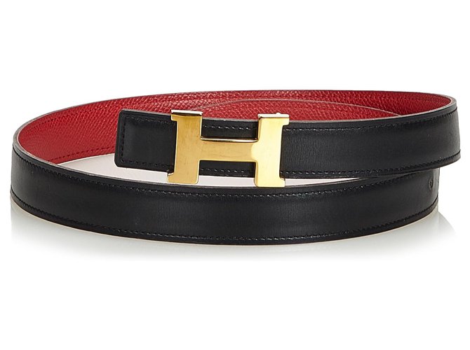 Hermès Hermes Black Leather Constance Belt Red Metal ref
