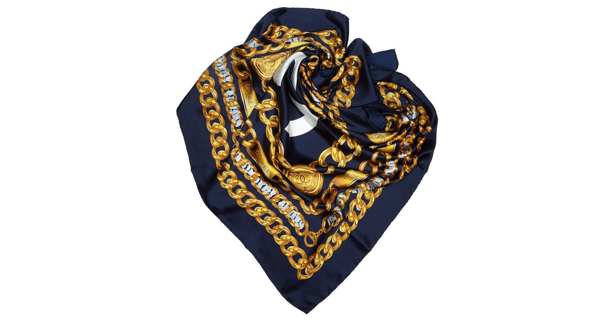 Chanel Navy Chain and Floral CC Silk Scarf