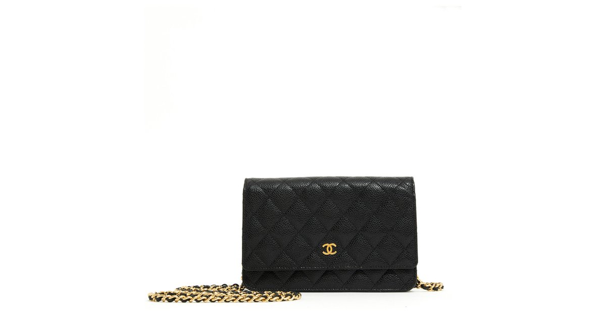 Wallet On Chain Chanel WOC CAVIAR BLACK GOLD Leather Metal ref.124463