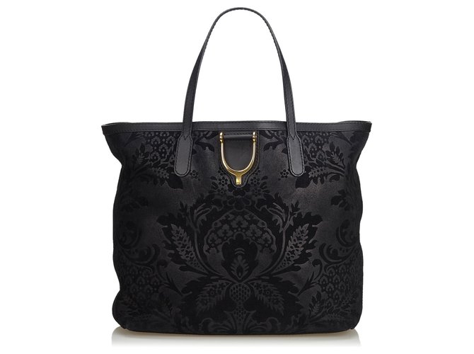 グッチ　ハンドバッグ Gucci Black Brocade Leather Stirrup Tote Bag ref.JC126322 (Sold
