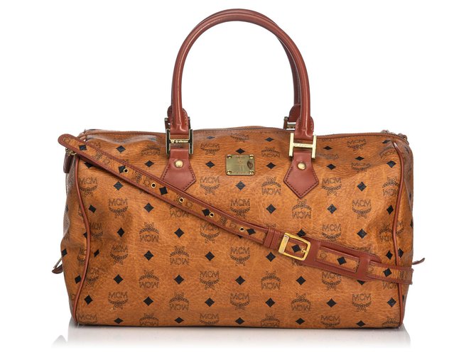 MCM Brown Visetos Leather Duffle Bag Joli Closet
