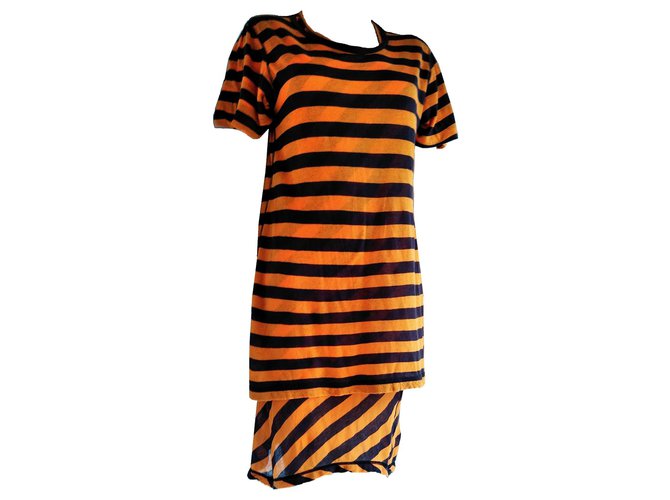 Junya Watanabe Striped Tunic Mini Dress Orange Grey Cotton