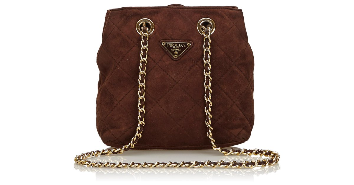 Auth PRADA Handbag Chain Shoulder Bag #2503 Dark Brown Leather