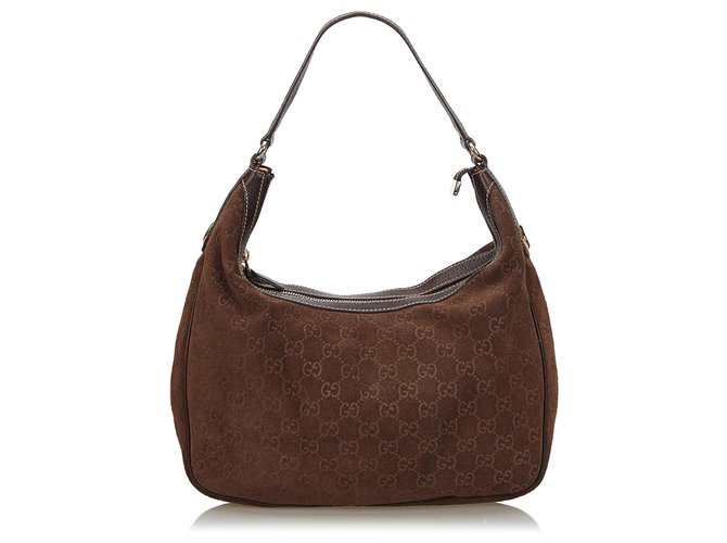 GUCCI 25S HANDBAG 46 CM IN DARK WOOD BROWN SUEDE WITH GOLD HARDWARE
