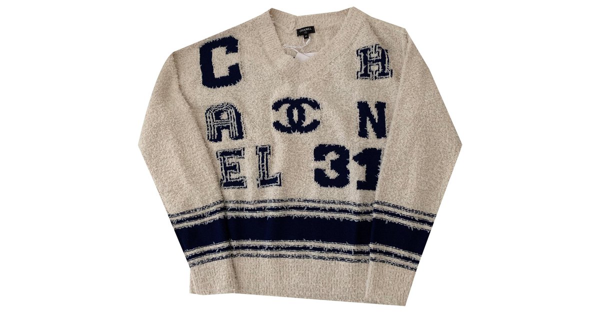 Chanel Varsity Iconic Logo Pullover Sweater Size 34 Beige Cotton   - Joli Closet