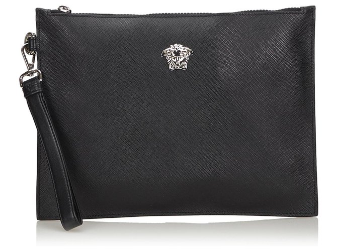 Versace★素敵！Medusa Head Leather Wristlet Clutch Bag Versace Medusa Zip Pouch Wristlet Black Grained Calfskin
