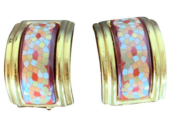 Boucles D'oreilles Vintage Argent émail Corail Tige Percée - Occasion Parfait état